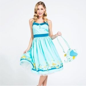 Disney Parks Magic Kingdom Retro Pin-up Rockabilly Midi Dress Aqua Blue Size S
